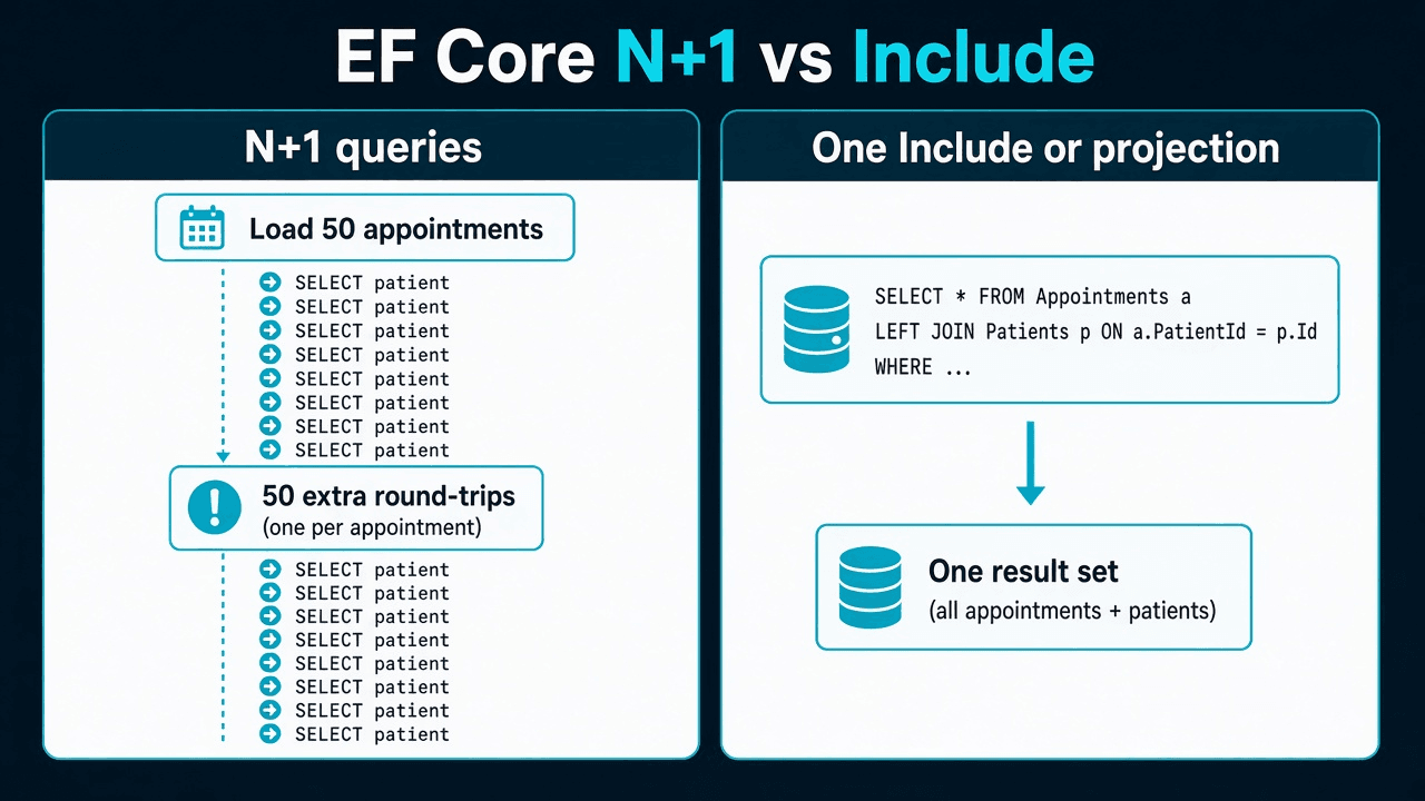 EF Core N+1 vs Include: one list query plus a query per row, versus a single Include or projection