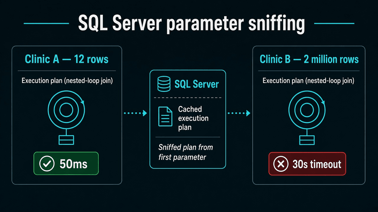 Two clinics sharing one sniffed SQL Server plan: small clinic 50ms, hub clinic 30s timeout