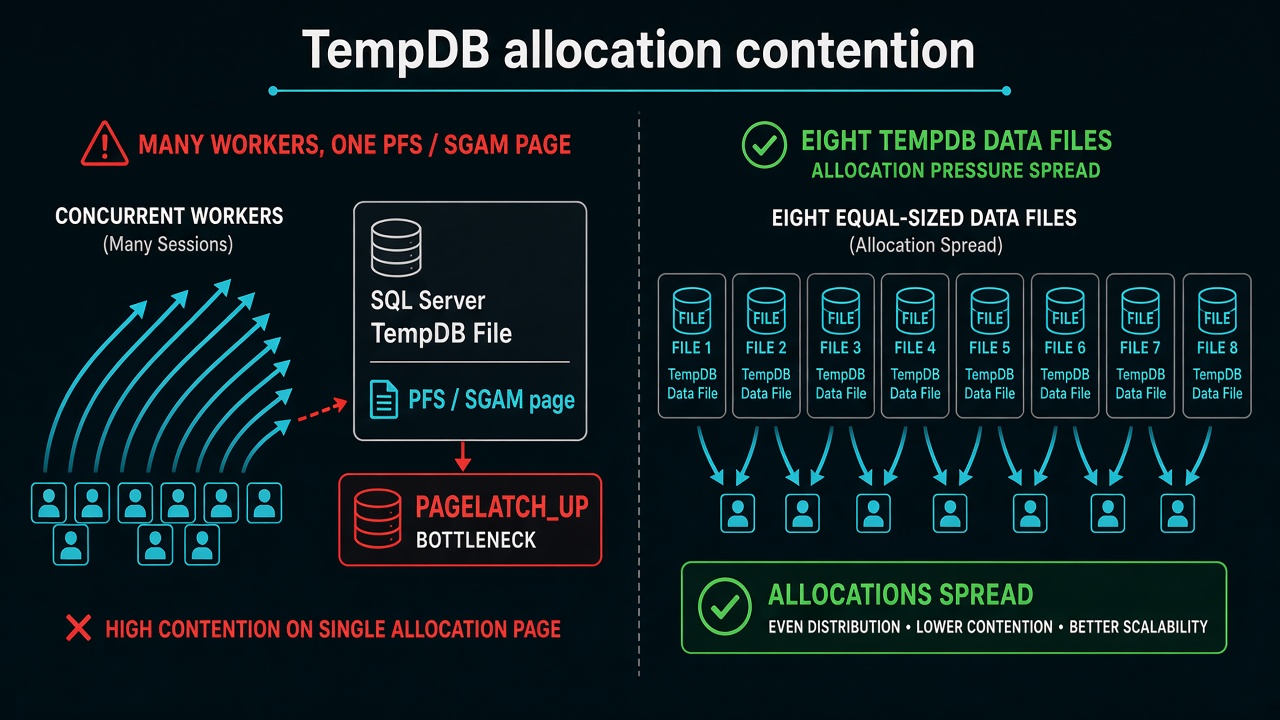 Many workers colliding on one TempDB PFS page versus allocations spread across eight equal files